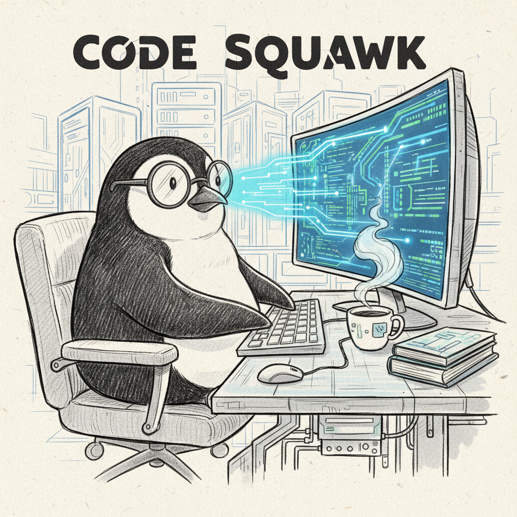 A stylized sketch of a penguin at a computer with a coffee.