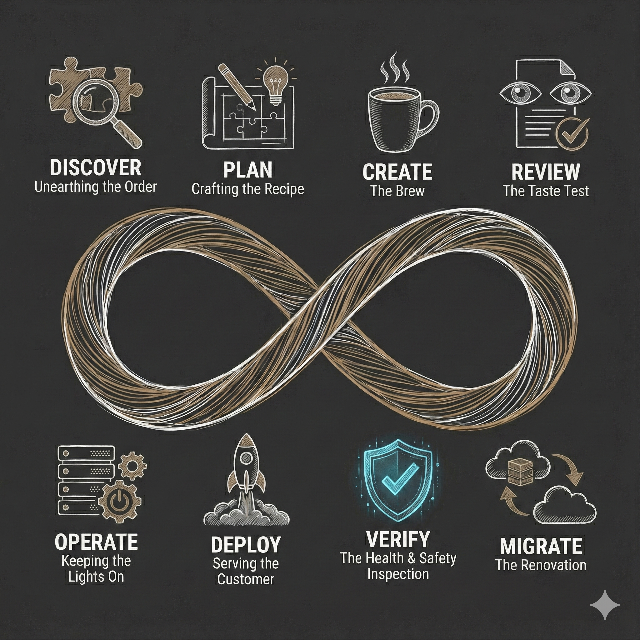 Sketch of the 8 phases of AI-assisted engineering as an infinite loop