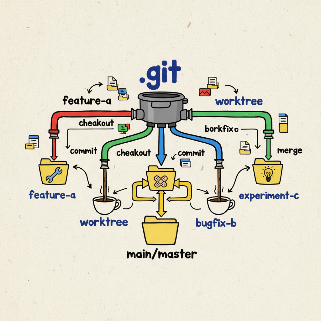 Sketchnote showing one .git folder splitting into multiple worktrees like an espresso portafilter