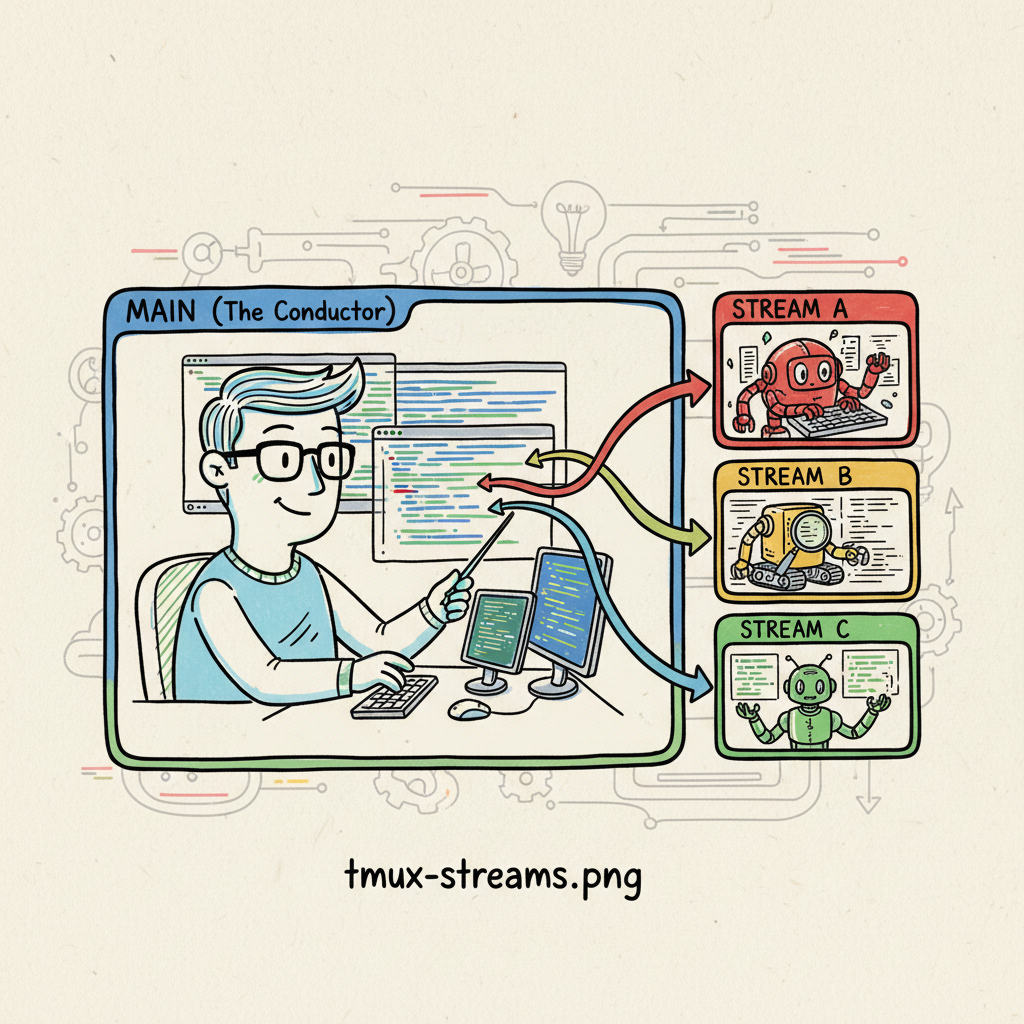 Sketchnote of a tmux terminal with a main conductor pane and three parallel task streams