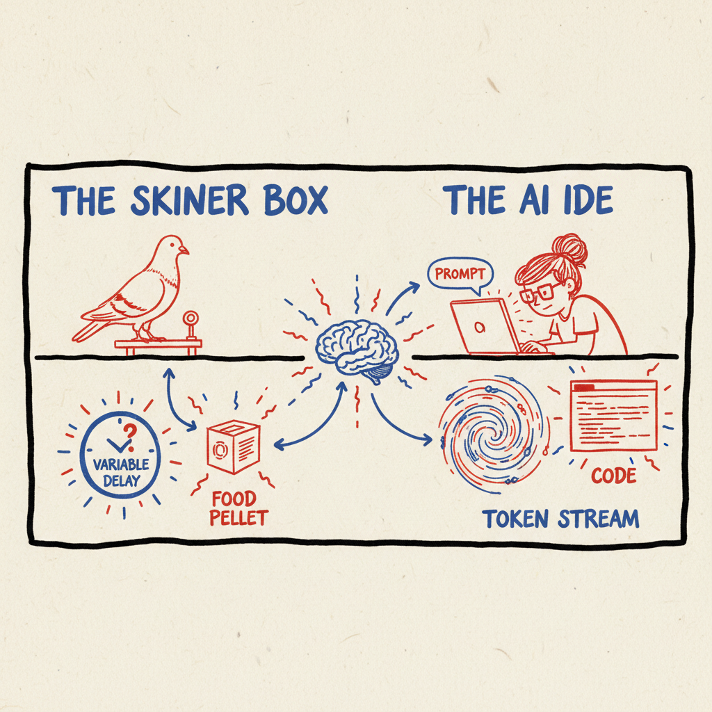 A side-by-side sketchnote comparing the Skinner Box (Lever -> Delay -> Food) with the AI Prompt Cycle (Prompt -> Token Stream -> Code). Anticipation builds during the delay, peaking just before the reward.