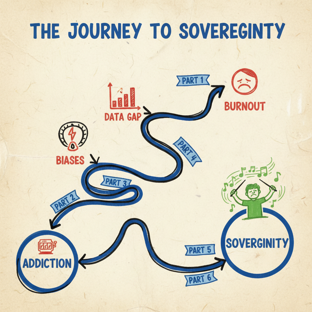 A visual roadmap of the Neuro-Coder series, charting the path from Addiction (Slot Machine) through Biases, Data, and Burnout, arriving at Sovereignty (The Conductor).