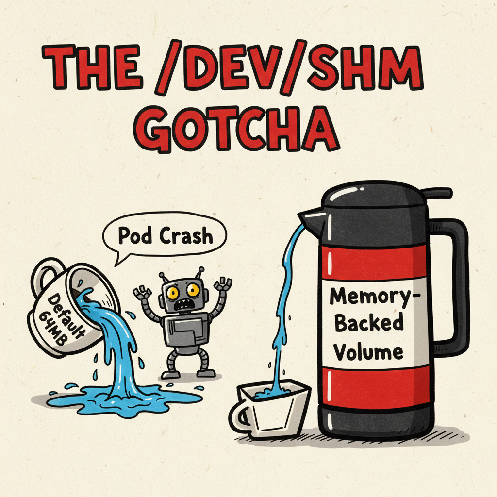 A sketchnote titled &lsquo;The /dev/shm Gotcha&rsquo;. An overflowing small coffee cup labeled &lsquo;Default 64MB&rsquo; causing a robot to panic, contrasted with a large thermal carafe labeled &lsquo;Memory-Backed Volume&rsquo; handling the flow easily.