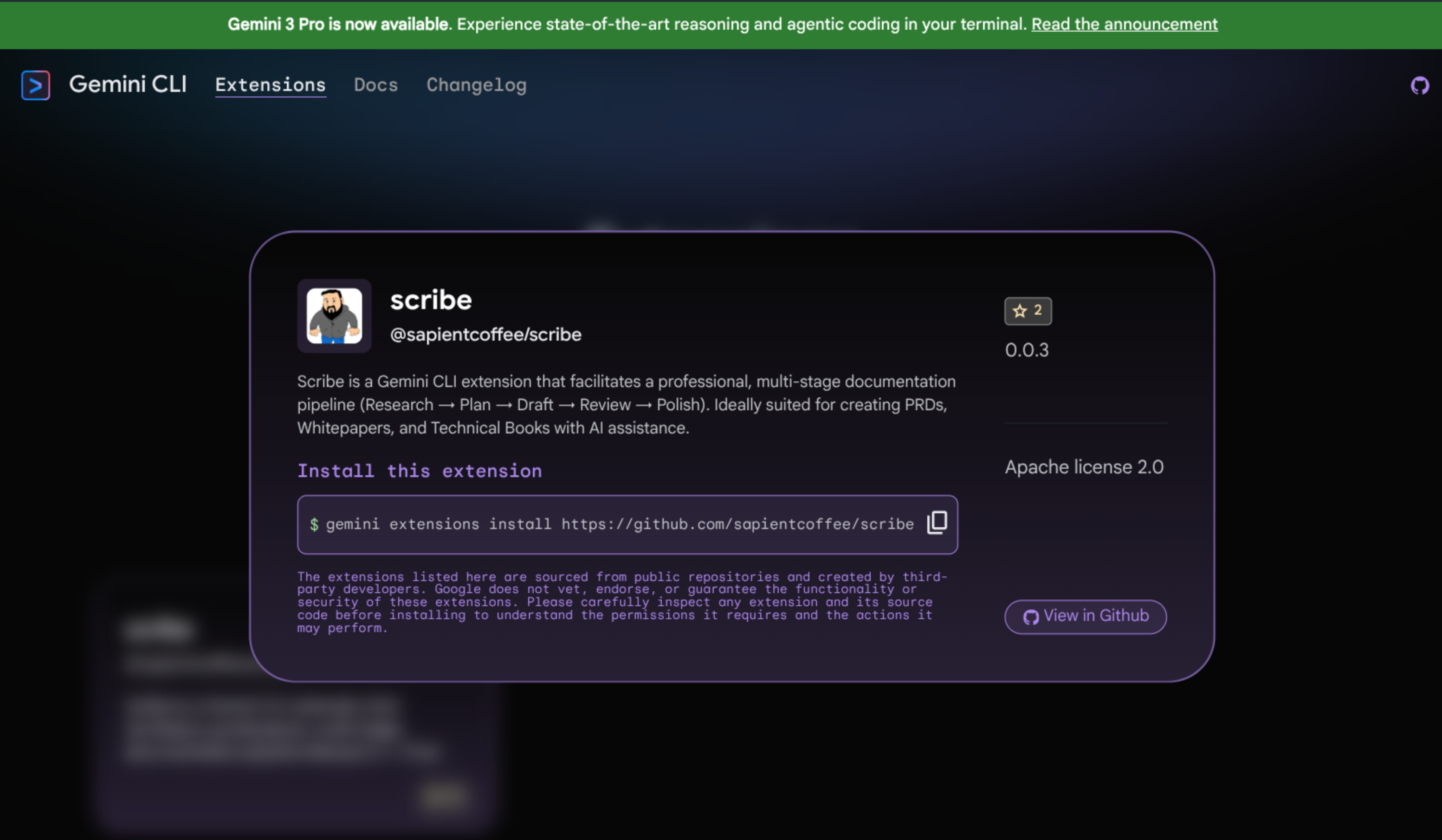Screenshot of the Scribe extension published on the Gemini CLI registry